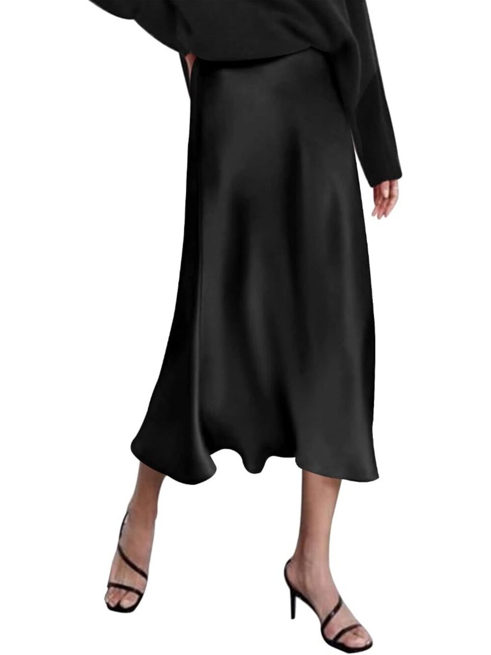 Women Black High Waisted Solid Satin Dress Zipper Silky Slip A-Line Midi Skirt